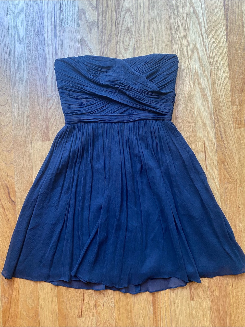 J.Crew crinkle silk chiffon strapless dress in navy blue
